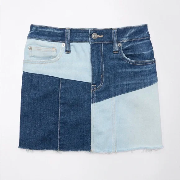AE Stretch High Waisted Patchwork Denim Mini Skirt - Picture 2 of 9